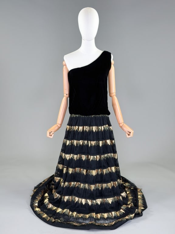 Vintage 1980s Velvet Metallic Sawtooth Gown: Vintage 1980s Velvet Metallic Sawtooth Gown having one shoulder design with side zip and metallic saw tooth stripe skirt. Measuring 36 inch bust, 34 inch waist, 60 inches long. From the lifetime colle