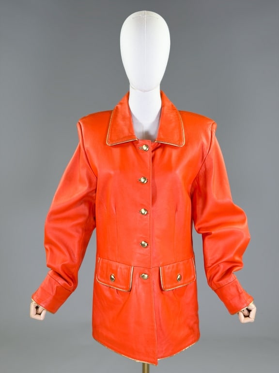 Vintage 1980s Orange Leather Button Front Coat (1 of 7)