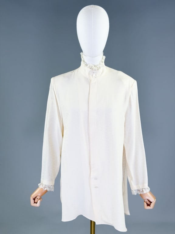 Vintage 1980s Matsuda Lace Trim Blouse Shirt Top: Vintage 1980s Matsuda Lace Trim Blouse Shirt Top having lace details at neck and sleeve cuffs with covered placket button front closure. Labeled Matsuda. Measuring 46 inch bust, 31 inches long, 21 inc
