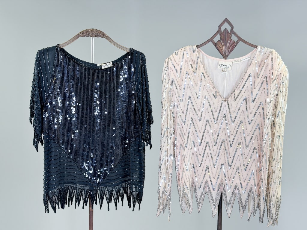 Collection Vintage 1980s Silk Beaded Sequin Tops: Collection Of Vintage 1980s Silk Beaded Sequin Tops. One labeled Swee Lo, marked size Medium. Measuring 38 inch bust, 24 inches long, 24 inch sleeve length. One labeled Manju, marked size Small. Measu