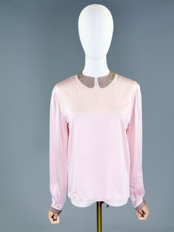 Vintage 1980s Geoffrey Beene Silk Satin Blouse: Vintage 1980s Geoffrey Beene Silk Satin Blouse having Peter Pan trompe l'oiel collar with back zip closure. Labeled Mr. Beene, marked size 10. Measuring 40 inch bust, 23 inches long, 24 inch sleeve le