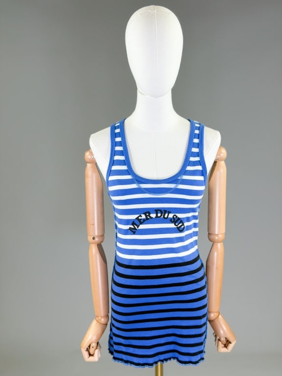 Vintage 1980s Sonia Rykiel Stripe Knit Tank Top: Vintage 1980s Sonia Rykiel Stripe Knit Tank Top having stripes throughout with graphic at center front. Labeled Sonia Rykiel Paris, marked size Medium. Measuring 30-42 inch bust, 30 inches long. From 