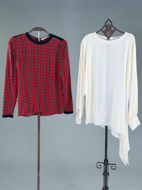 Collection Vintage 1980s Guy Laroche Silk Blouses: Collection Vintage 1980s Guy Laroche Silk Blouses. Both labeled Guy Laroche Boutique Paris. White blouse marked size 42, measuring 42 inch bust, 40 inches long, 23 inch sleeve length. Red blouse marke