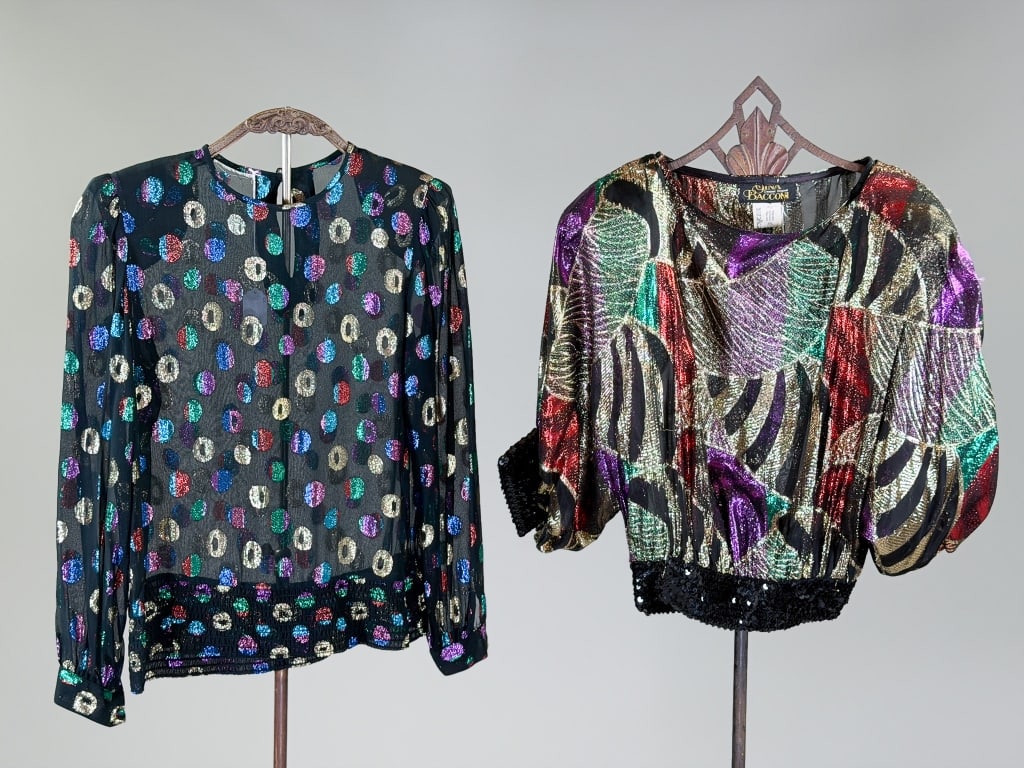 Collection Of Vintage 1980s Lame Blouses Tops: Collection Of Vintage 1980s Lame Blouses Tops. Polka dot blouse measuring 38 inch bust, 24 inches long, 25 inch sleeve length. Lame and sequin blouse measuring free bust, 22 inches long, 16 inch sleev