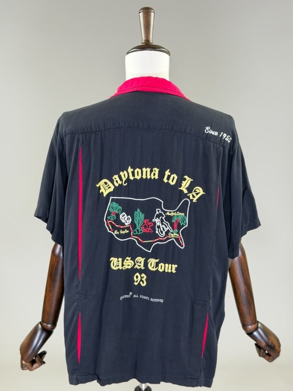 Vintage 1990s Avirex Chainstitch Bowling Shirt: Vintage 1990s Avirex Chainstitch Bowling Shirt having camp collar with button front, breast pocket and chainstitch throughout. Labeled Avirex Sport - marked size M. Measuring 50 inch chest, 29 inches 
