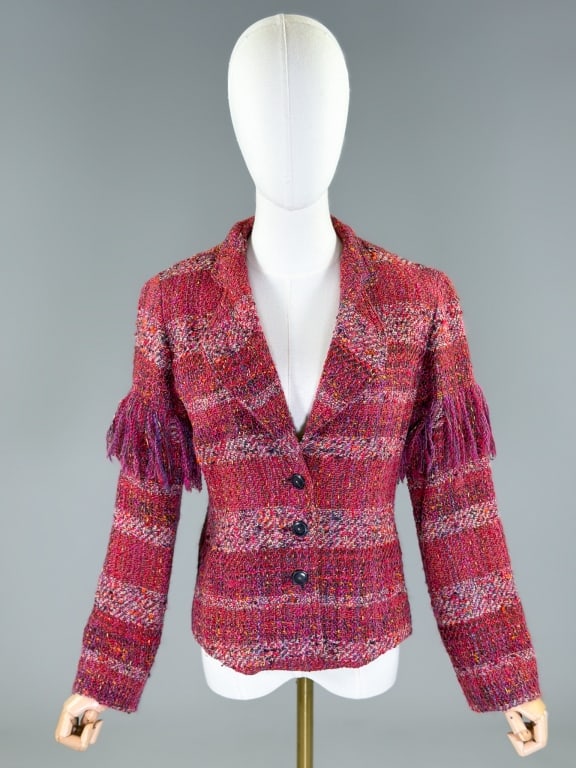Vintage 1990s Renata Tweed Fringe Blazer Jacket: Vintage 1990s Renata Tweed Fringe Blazer Jacket having notched lapel collar with single breasted button front closure, fully lined throughout. Labeled Renata Paris - marked size 38. Measuring 36 inch 