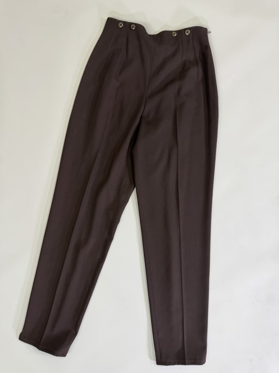 Vintage 1990s Barbara Bui Paris Wool Trousers: Vintage 1990s Barbara Bui Paris Wool Trousers having suspender button details at waist with side zip closure. Labeled Barbara Bui Paris - marked size 40. Measuring 26 inch waist, 12 inch rise, 30 inch