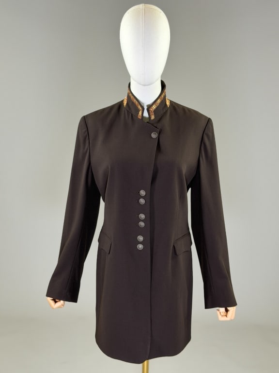 Vintage 1990s Barbara Bui Paris Wool Blazer Jacket: Vintage 1990s Barbara Bui Paris Wool Blazer Jacket having Mandarin collar with single breasted button front closure and two front pockets, fully lined throughout. Labeled Barbara Bui Paris - marked