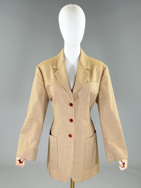Vintage 1990s Romeo Gigli Plaid Wool Blazer Jacket: Vintage 1990s Romeo Gigli Plaid Wool Blazer Jacket having notched lapel collar with single breasted button front closure and three front patch pockets, fully lined throughout. Labeled Romeo Gigli -