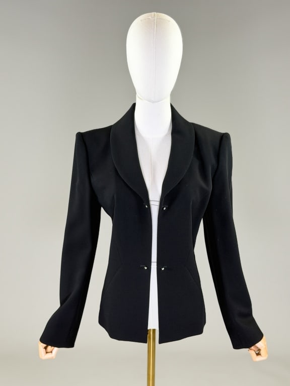 Vintage 1990s Jeanne Lanvin Wool Blazer Jacket: Vintage 1990s Jeanne Lanvin Wool Blazer Jacket having notched lapel collar with metal toggle closure at front, fully lined throughout. Labeled Jeanne Lanvin Paris - marked size 42. Measuring 38 inch