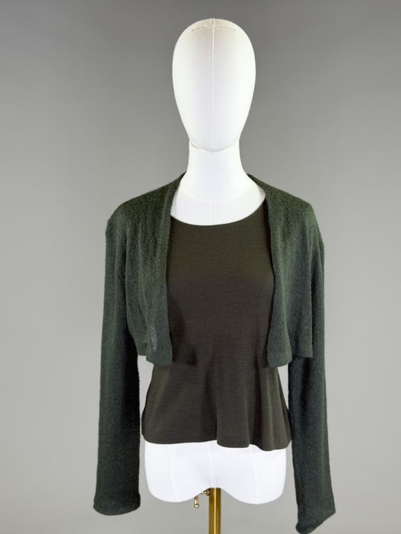 Vintage 1990s Yohji Yamamoto Wool Knit Top Set: Vintage 1990s Yohji Yamamoto Wool Knit Top Set having knit long sleeve t-shirt with knit cardigan overlay. Labeled Yohji Yamamoto - marked size L. Measuring 38 - 46 inch bust, 20 inches long, 21 inch