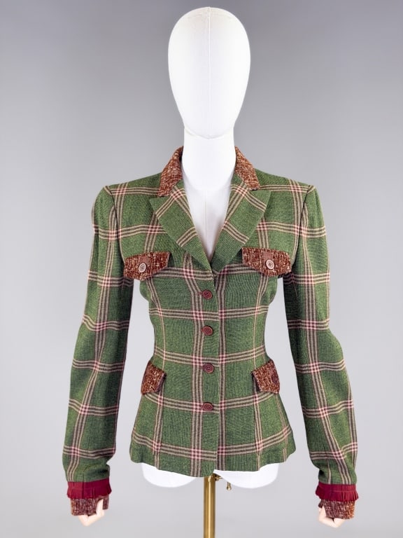 Vintage 1990s Alberta Ferretti Wool Blazer Jacket: Vintage 1990s Alberta Ferretti Wool Blazer Jacket having notched lapel collar and single breasted button front closure with two front patch pockets with flaps. Labeled "Philosophy DI Alberta