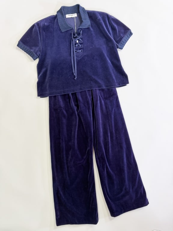 Vintage 1990s Sonia Rykiel Velvet Knit 2 PC Set: Vintage 1990s Sonia Rykiel Velvet Knit Two Piece Set having polo top with lace front closure and elastic waist pants with pockets at side. Labeled Sonia Rykiel Paris. Top measuring 44 inch bust, 20 in