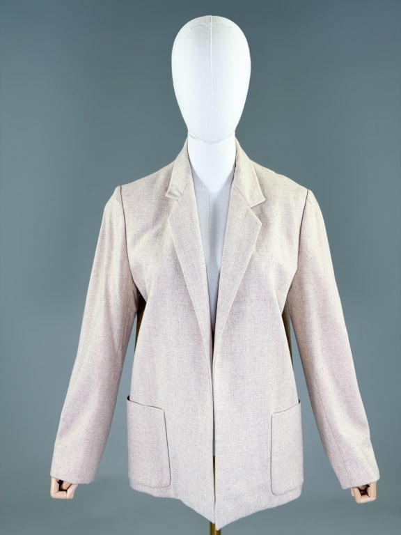Vintage 1990s John Anthony Wool Blazer Jacket: Vintage 1990s John Anthony Wool Blazer Jacket having notched lapel collar with open front and two front patch pockets, fully lined. Labeled John Anthony Pret, marked size 12. Measuring 28 inches