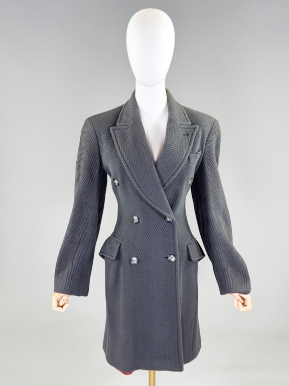 Vintage 1990s Ozbek Angora Wool Overcoat: Vintage 1990s Ozbek Angora Wool Overcoat having notched lapel collar with double breasted button front closure and three front pockets, fully lined. Labeled Ozbek, Made in Italy. Measuring 38 inch