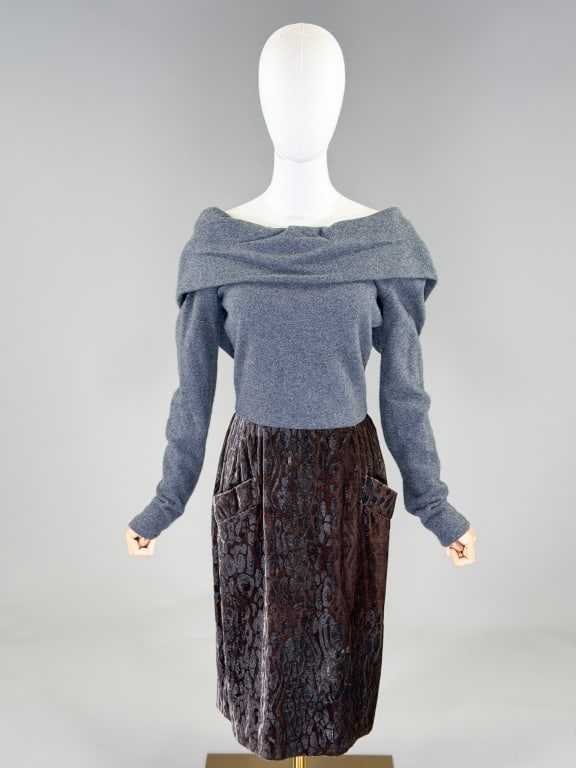 Vintage 1990s Bill Blass Knit Sweater Dress: Vintage 1990s Bill Blass Velvet & Knit Sweater Dress having cowl neckline with knit top and velvet skirt with pockets, closing at center back with zip. Labeled Bill Blass. Measuring 34-44 inch bust, 2