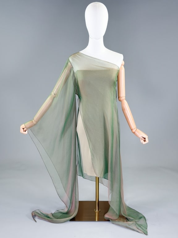 Vintage 1990s Bill Blass Silk One Shoulder Dress: Vintage 1990s Bill Blass Silk Chiffon One Shoulder Dress having jersey knit dress with boned bodice and chiffon one shoulder over dress. Jersey knit dress measuring 34 inch bust, 26 inch waist, 30 inc