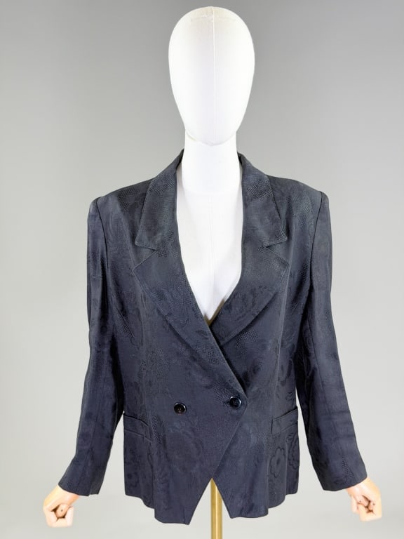 Vintage 1990s Louis Feraud Floral Blazer Jacket: Vintage 1990s Louis Feraud Floral Jacquard Blazer Jacket having floral pattern throughout with double breasted button front closure and two front pockets, fully lined. Labeled Louis Feraud - marked si