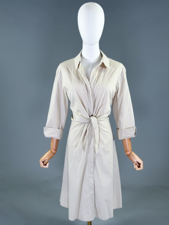 Vintage 1990s Sylvia Heisel Tie Shirt Dress: Vintage 1990s Sylvia Heisel Tie Shirt Dress having button front closure with tie detail at waist. Labeled Sylvia Heisel. Measuring 40 inch bust, 34 inch waist, 40 inches long, 18 inch sleeve length. F