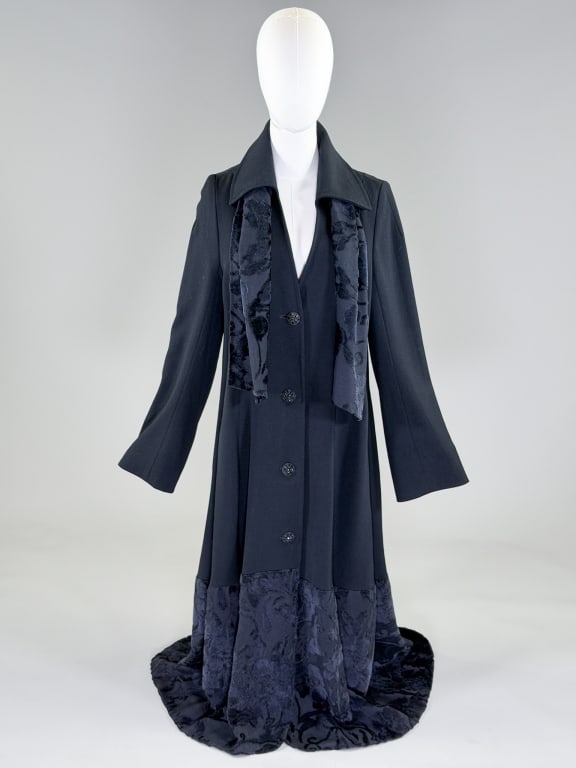 Vintage 1990s Ann Demeulemeester Wool Coat: Vintage 1990s Ann Demeulemeester Wool Coat having collar at neck with button front closure, removable velvet scarf and velvet hem. Labeled Ann Demeulemeester, marked size 38. Measuring 40 inch bust, 4