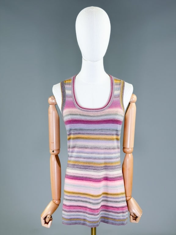 Vintage 1990s Akris Stripe Knit Wool Tank Top: Vintage 1990s Akris Stripe Knit Wool Tank Top having knit body with stretch throughout. Labeled Akris Punto. Measuring 32-38 inch bust, 27 inches long. General wear and holes throughout as shown. From