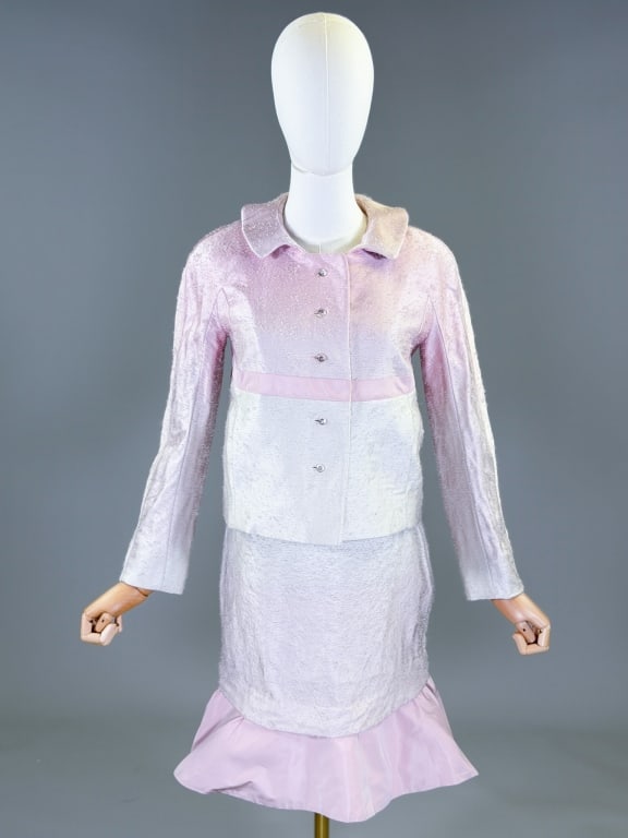 Vintage 2003 Rochas Olivier Theyskens Skirt Suit: Vintage Fall 2003 Rochas Olivier Theyskens Silk Skirt Suit Set having jacket with single breasted button front closure and two front pockets, fully lined. Skirt with zip closure at side. Labeled Rocha
