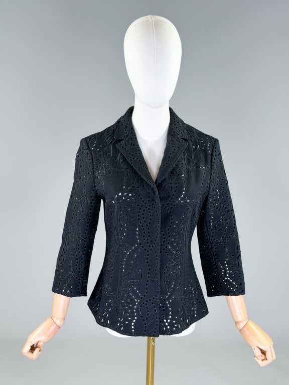 Vintage 2000s Pringle of Scotland Eyelet Blazer: Vintage 2000s Pringle of Scotland Wool Felt Eyelet Blazer Jacket having notched lapel collar with single breasted snap front closure, unlined throughout. Labeled Pringle of Scotland - marked size US 8
