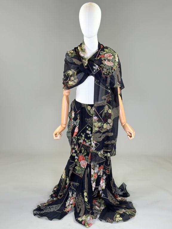 Vintage 2000s Emanuel Ungaro Silk Shawl Skirt Set: Vintage 2000s Emanuel Ungaro Silk Chiffon Shawl Scarf Skirt Set having shawl top measuring approximately 78 inches long, 23 inches wide with ruffled edges. Skirt having ruffles throughout, closing at 