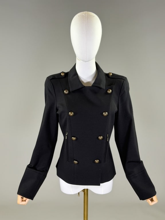 Vintage 2000s Krizia Military Inspired Knit Jacket: Vintage 2000s Krizia Military Inspired Knit Jacket having button front and zip closure with epaulettes at shoulders and zip front pockets, fully lined throughout. Labeled Krizia Poi. Measuring 34 - 36