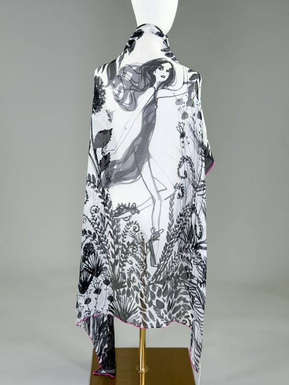 Vintage 2000s Henri Bendel Silk Figure Print Scarf: Vintage 2000s Henri Bendel Silk Figure Print Scarf having print throughout, labeled Henri Bendel New York in corner, with hand rolled edges. Measuring approximately 27 inches by 46 inches. General wea