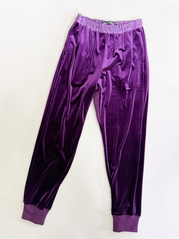 Junya Watanabe 2022 Velvet Track Pants Trousers: Junya Watanabe 2022 Velvet Track Pants Trousers having satin elastic waistband with stretch velvet legs and knit gusset at crotch. Labeled Junya Watanabe - marked size M. Measuring 26 - 38 inch