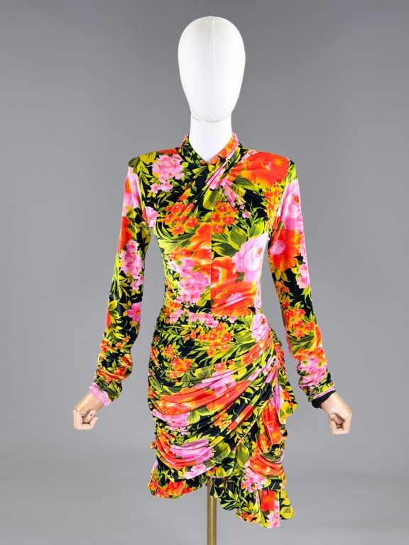 Richard Quinn 2020 Floral Knit Ruffled Party Dress: Richard Quinn 2020 Floral Knit Ruffled Party Dress having draped design throughout with ruffled skirt, fully lined. Labeled Richard Quinn, marked size 8. Measuring 32-36 inch bust, 24-30 inch waist, 3