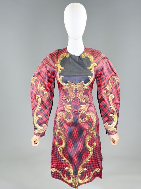 KTZ 2012 Tartan Knit Baroque Design Dress: KTZ 2012 Tartan Knit Baroque Design Dress having rounded neckline and long sleeves with center back zip closure. Labeled KTZ, marked size XSmall with original tag attached. Measuring 34-40 inch bust, 