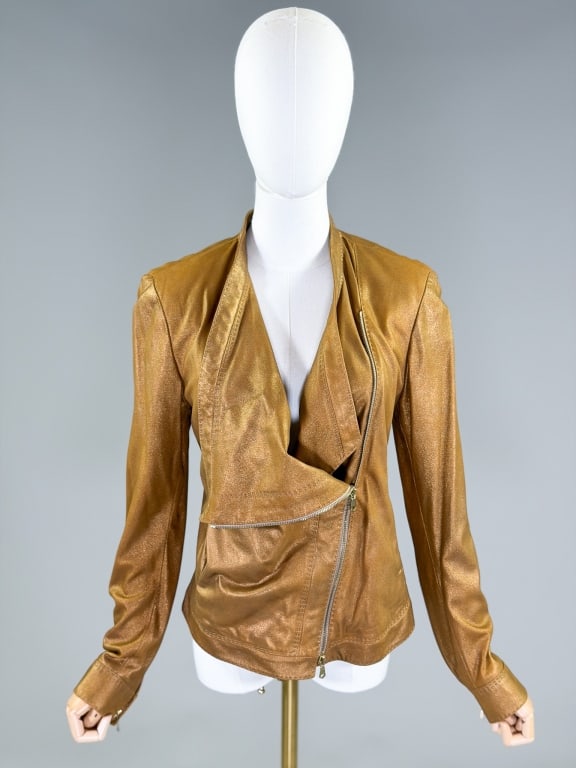 Vintage 2000s Donna Karan Draped Leather Jacket: Vintage 2000s Donna Karan Draped Leather Jacket having asymmetric two way zip front closure with draped detail, fully lined. Labeled Donna Karan New York. Measuring 38 inch bust, 34 inch waist, 24 inc