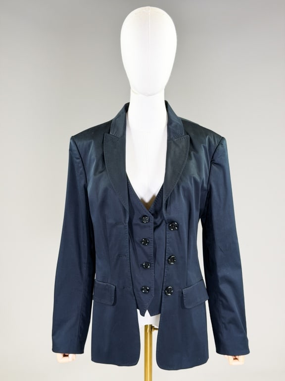 Vintage 2000s Moschino Cotton Vest Blazer Jacket: Vintage 2000s Moschino Cotton Vest Blazer Jacket having built in vest with button front closure and two front pockets. Labeled Moschino Cheap & Chic - marked size US 14. Measuring 44 inch bust, 40
