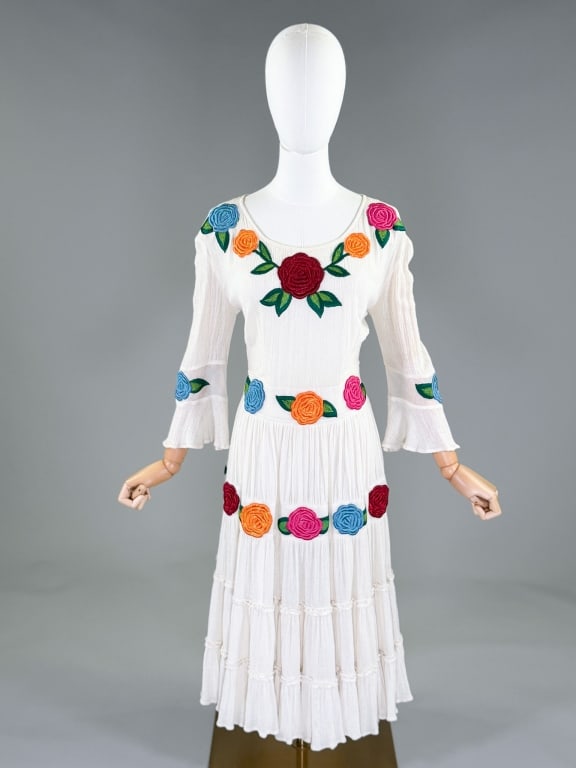 Roja 2014 Rose Embroidered Mexican Gauze Dress: Roja 2014 Rose Embroidered Mexican Gauze Dress having embroidered rose motifs throughout with tiered skirt and side zip closure. Labeled Roja - marked size S. From the Spring / Summer 2014 collection.