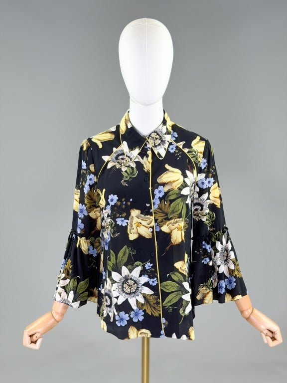 Erdem 2018 Floral Silk Blouse Top: Erdem 2018 Floral Silk Blouse Top having button front closure with ruched bell sleeves. Labeled Erdem Pre-Spring 2018, marked size US 2. Measuring 36 inch bust, 36 inch waist, 25 inches long, 20 inch