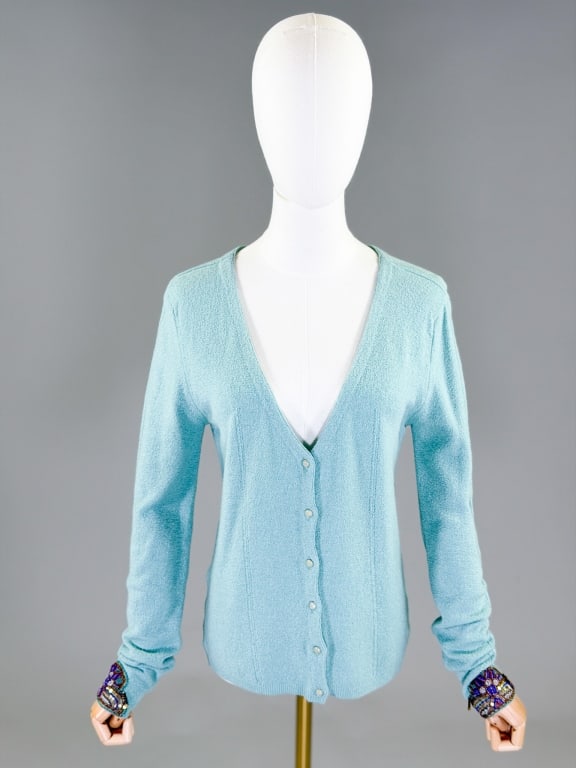 Vintage 2000s Blumarine Knit Cardigan Sweater: Vintage 2000s Blumarine Knit Cardigan Sweater having button front closure and stretch throughout. Measuring 36-42 inch bust, 24 inches long, 28 inch sleeve length. From the lifetime collection,