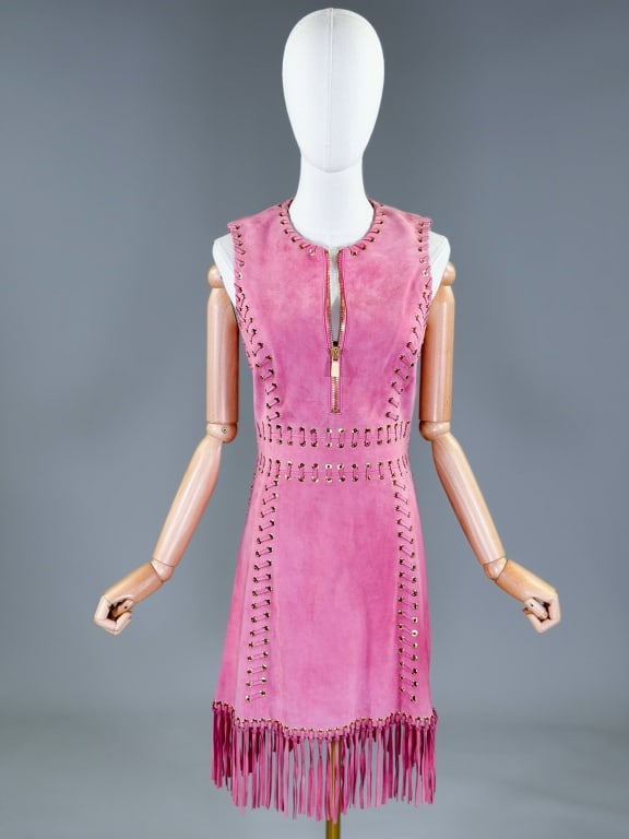 Michael Kors Collection Suede Fringed Lace Dress: Michael Kors Collection Pink Suede Fringed Lace Up Dress having zip front and back closures with whipstitch lace details throughout and fringed hem. Labeled Michael Kors Collection - marked size 2.