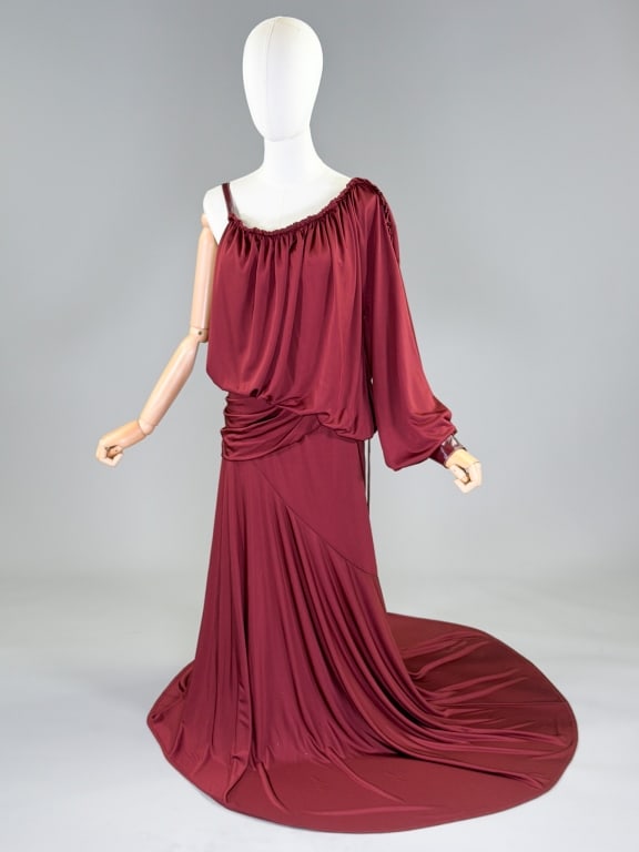 Sies Marjan Jersey Knit Draped One Sleeve Gown: Sies Marjan Jersey Knit Draped Asymmetrical One Sleeve Gown having one long sleeve and one sleeveless armhole with draped details throughout, closing at side with invisible zip. Labeled Sies Marjan - 