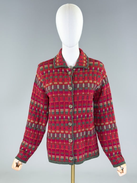 Vintage Cherry Lewis England Knit Cardigan Sweater: Vintage Cherry Lewis England Wool Knit Cardigan Sweater having collar at neck with button front closure. Labeled Cherry Lewis Made in England - marked size S. Measuring 36 - 40 inch bust, 24 inches