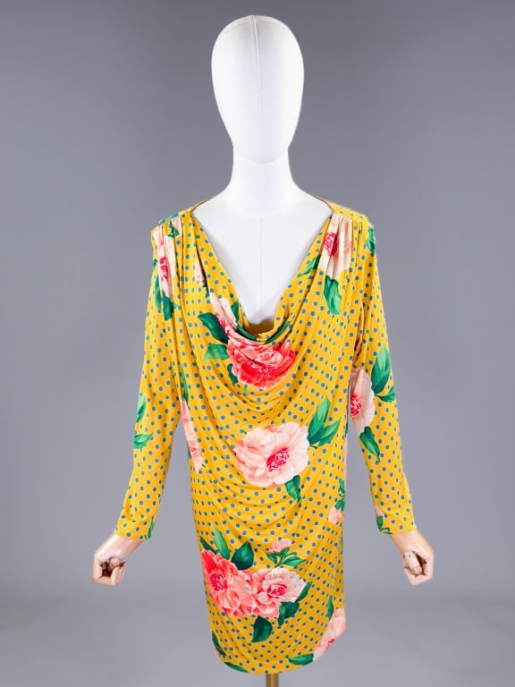 Polka Dot Floral Knit Jersey Cowl Neck Dress: Polka Dot Floral Knit Jersey Cowl Neck Dress having plunging cowl neckline with long sleeves and stretch throughout. Measuring 34 - 50 inch bust, 33 inches long, 23 inch sleeve length. From the lifeti