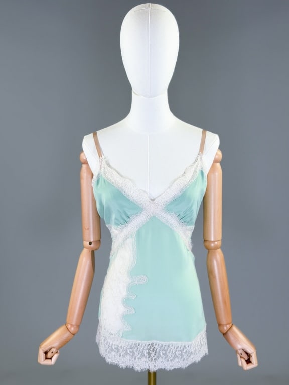 Pinko Skin Silk Chiffon Lace Camisole Blouse Top: Pinko Skin Silk Chiffon Lace Camisole Blouse Top having adjustable shoulder straps with lace details throughout body. Labeled Pinko Skin - marked size US 10. Measuring 38 inch bust, 30 inch waist, 27