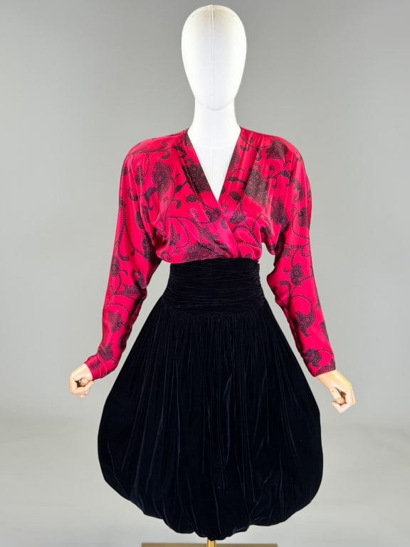 Vintage St. Gillian Silk & Velvet Cocktail Dress: Vintage St. Gillian Printed Silk & Velvet Cocktail Dress having dolman sleeve silk bodice with velvet ruched waist and skirt with center back zip closure. Labeled Silks by St. Gillian - marked size
