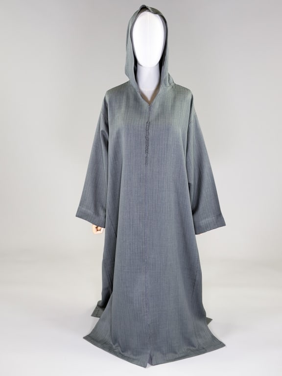 Vintage Wool Hooded Moroccan Djellaba Kaftan: Vintage Wool Hooded Moroccan Djellaba Kaftan having hood at neck with open, loose fit throughout. Measuring one size fits most, 48 inches long, 20 inch sleeve length. From the lifetime collection, fas