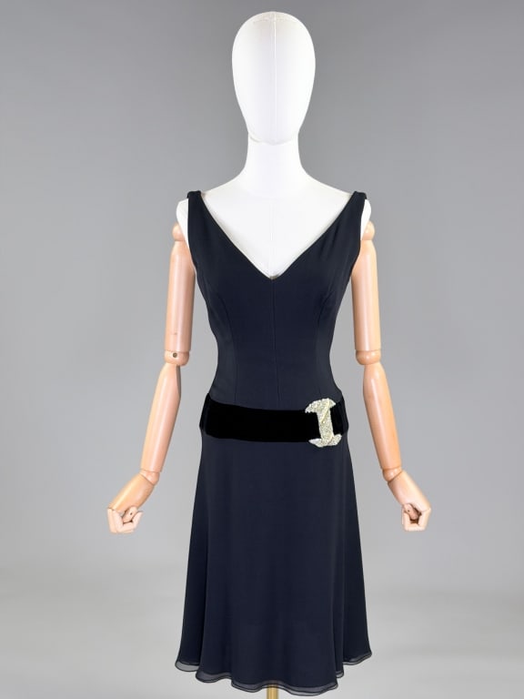 Vintage Donald Deal Silk Trompe L'Oeil Belt Dress: Vintage Donald Deal Silk Trompe L'Oeil Belt Dress having v-neckline with sleeveless armholes, center back zip closure, and velvet and sequin trompe l'oeil belt at waist, fully lined throughout. Labele
