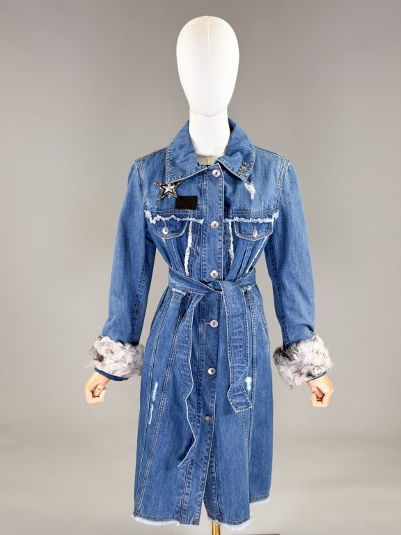 Denimaxx Couture Denim Button Front Fur Trim Dress (1 of 8)