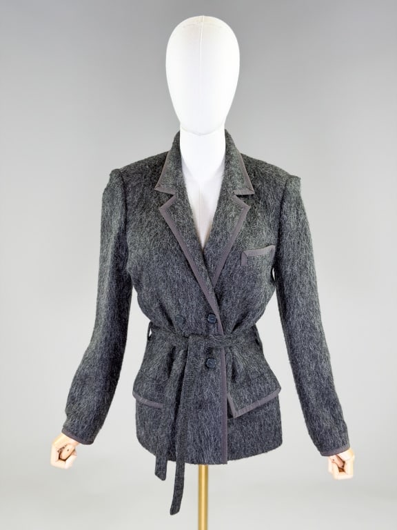 Vintage Jean-Louis Scherrer Mohair Blazer Jacket: Vintage Jean-Louis Scherrer Mohair Blazer Jacket having notched lapel collar, with double breasted button front closure, three front pockets and belt at waist, fully lined. Labeled Scherrer Boutique. 