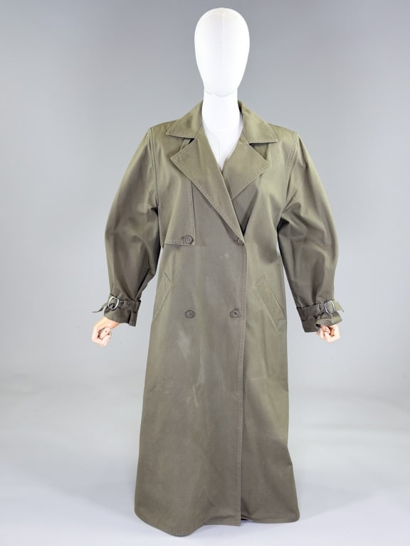 Vintage Cotton Army Green Trench Coat Jacket: Vintage Cotton Army Green Trench Coat Jacket having notched lapel collar with double breasted button front closure and two front pockets. Measuring 42 inch bust, 44 inch waist, 48 inches long, 22 inch