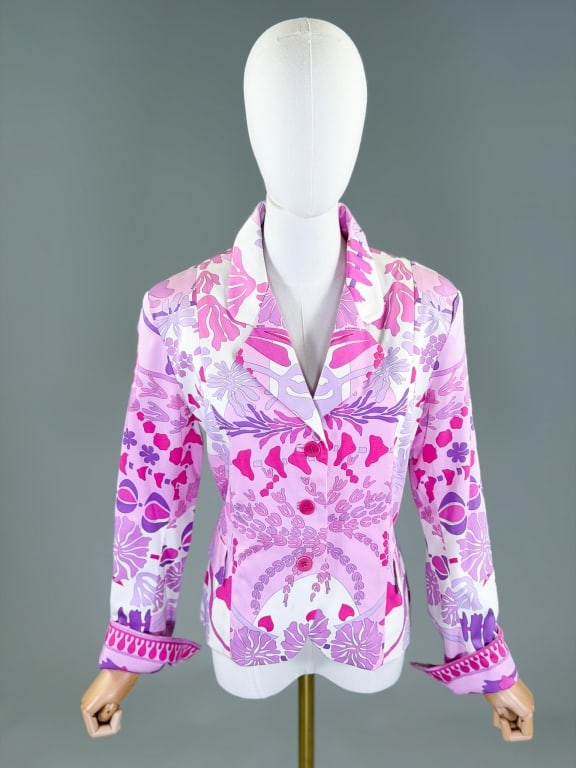 Averardo Bessi Abstract Floral Print Blazer Jacket: Averardo Bessi Abstract Floral Print Blazer Jacket having single breasted button front closure with two front pockets, fully lined. Labeled Averardo Bessi - marked size US 12. Measuring 41 inch bust, 